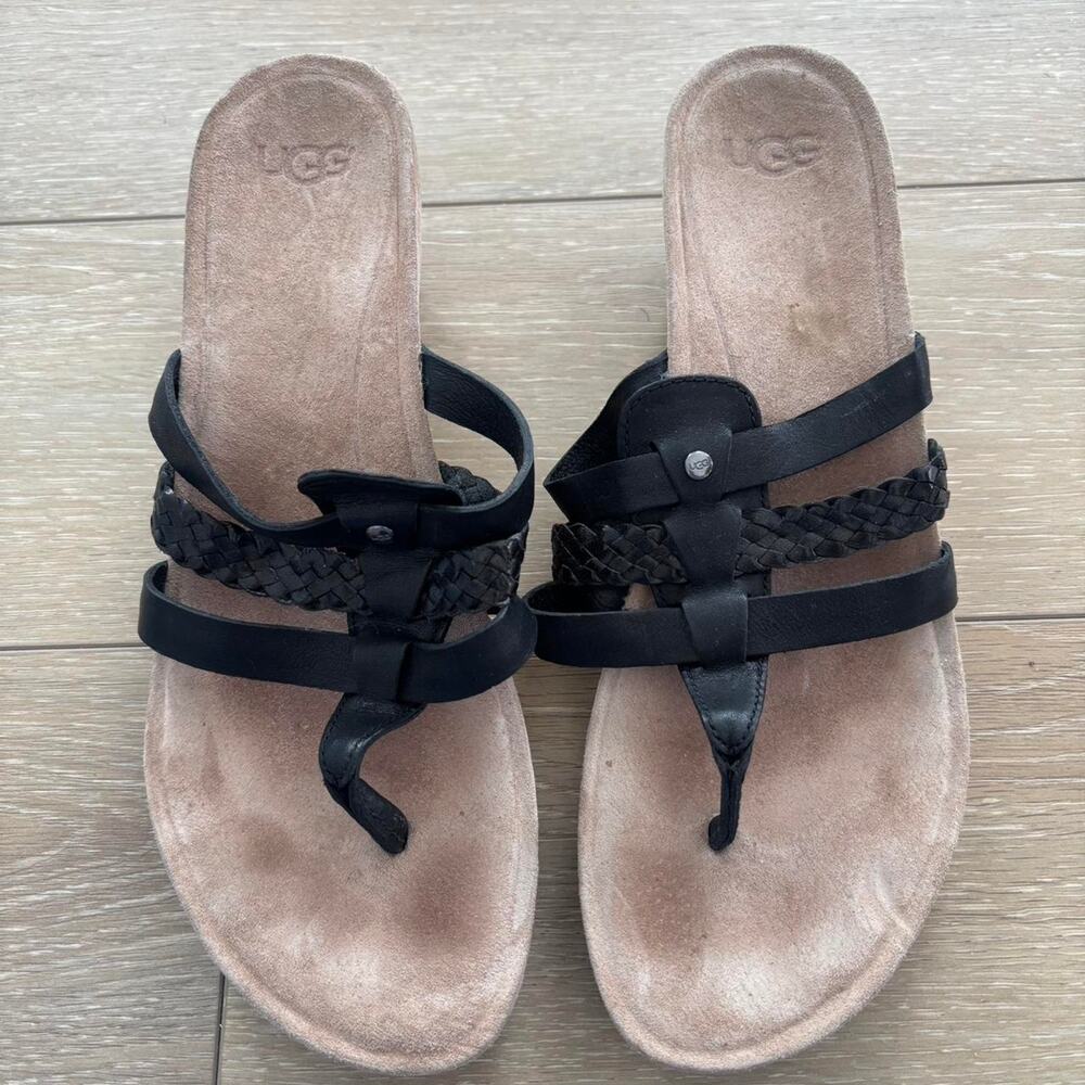 Ugg Women's Maddie Leather Wedge Black Thong Slides Sandals Sz 9